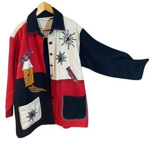 At Ease Wool Appliqué Winter Birds Patchwork Jacket 1X Missing Button vintage